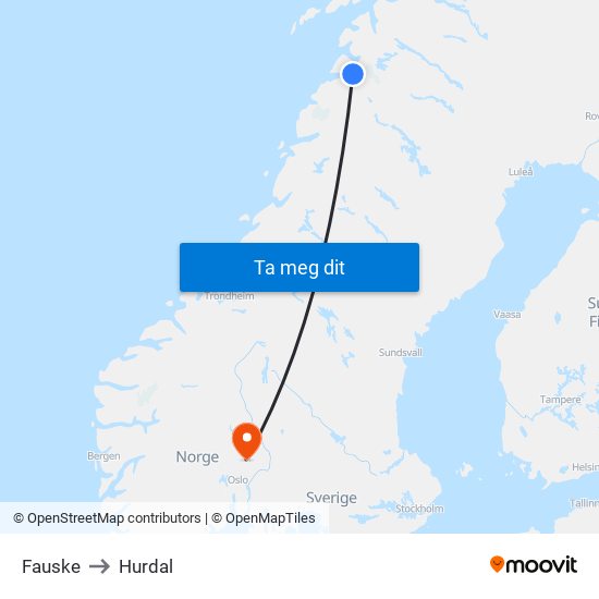 Fauske to Hurdal map