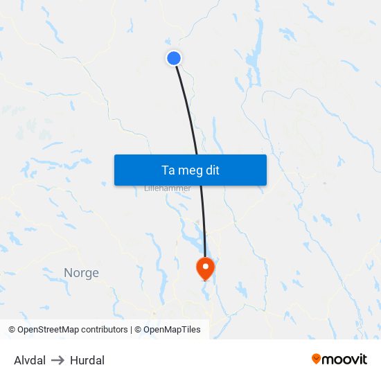 Alvdal to Hurdal map