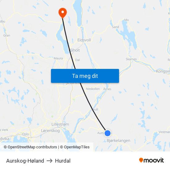 Aurskog-Høland to Hurdal map