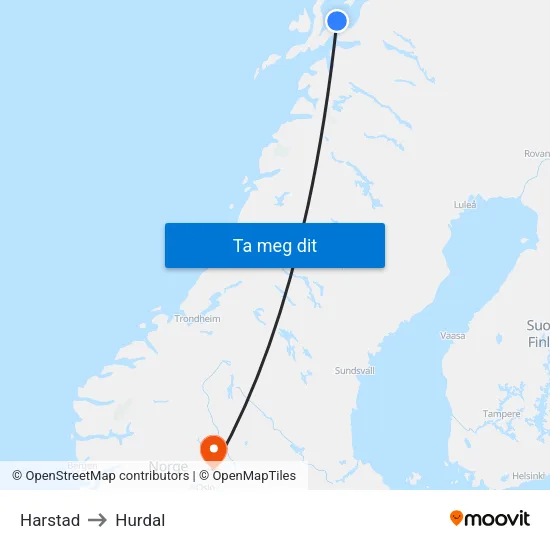 Harstad to Hurdal map