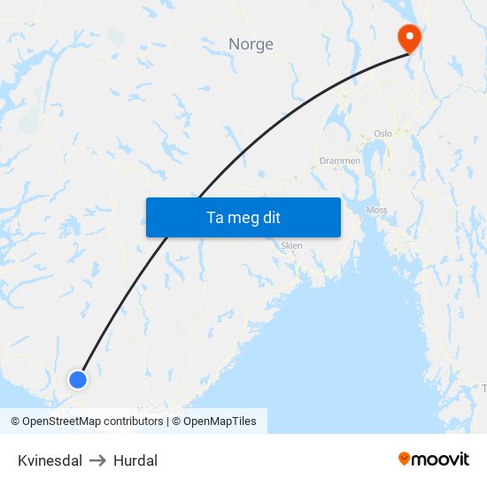 Kvinesdal to Hurdal map
