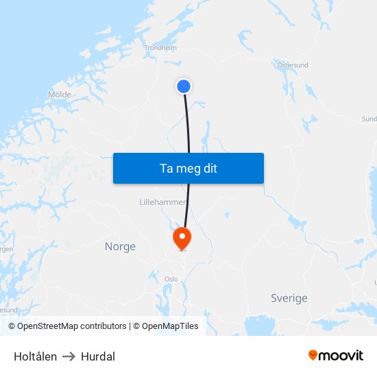 Holtålen to Hurdal map