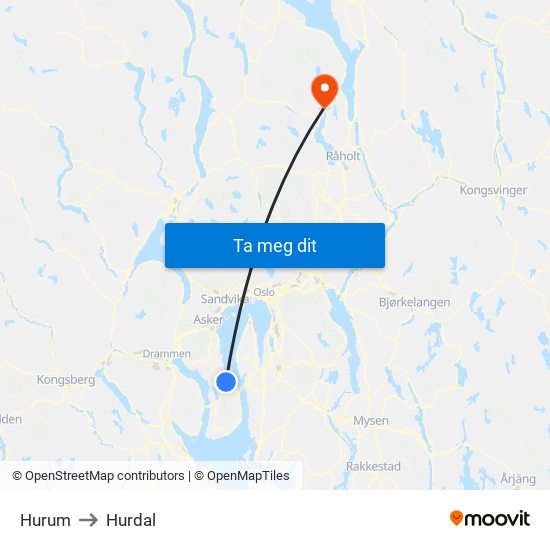 Hurum to Hurdal map