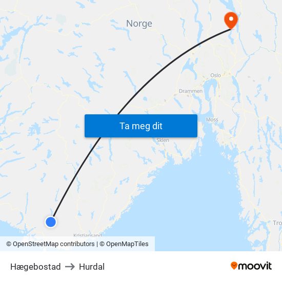 Hægebostad to Hurdal map