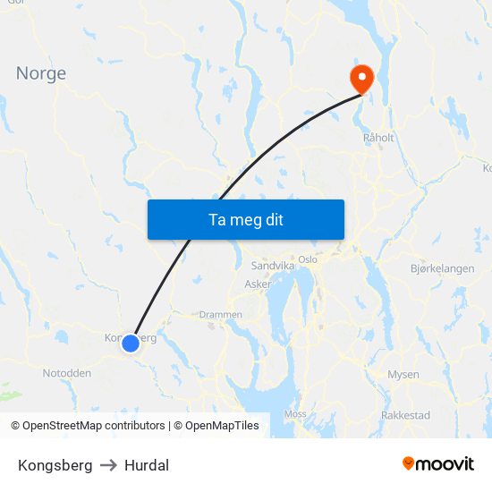 Kongsberg to Hurdal map