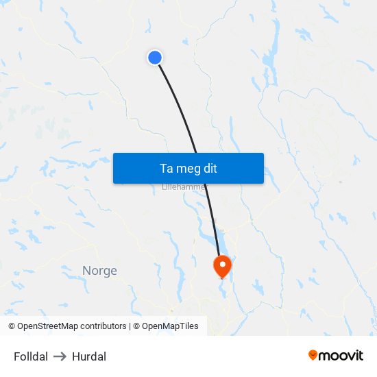 Folldal to Hurdal map