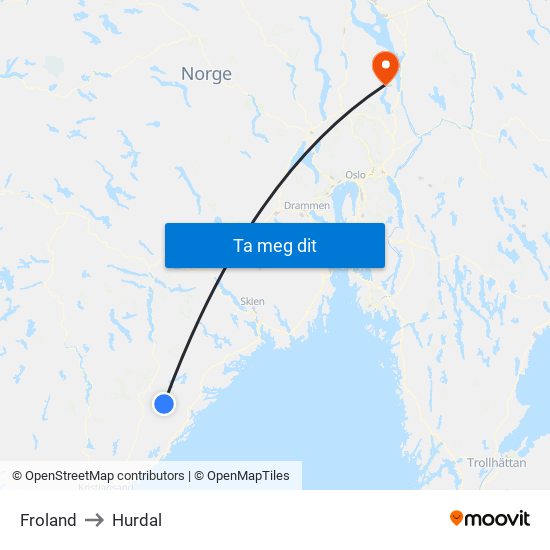 Froland to Hurdal map