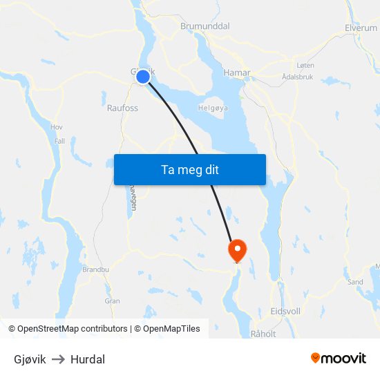 Gjøvik to Hurdal map