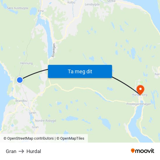 Gran to Hurdal map