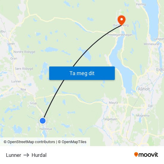 Lunner to Hurdal map