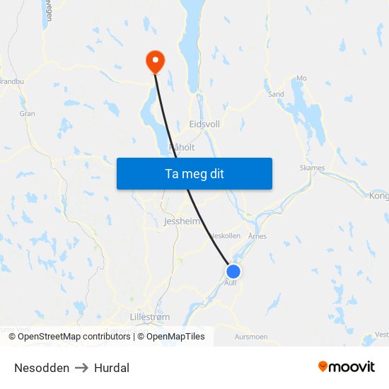 Nesodden to Hurdal map