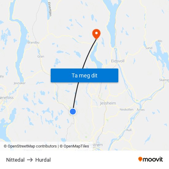 Nittedal to Hurdal map