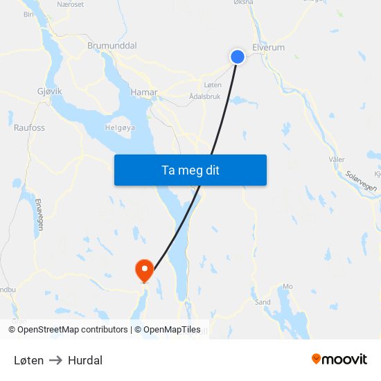 Løten to Hurdal map