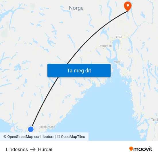 Lindesnes to Hurdal map