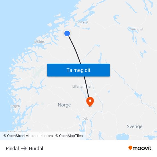 Rindal to Hurdal map