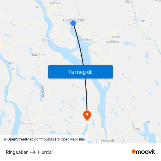 Ringsaker to Hurdal map
