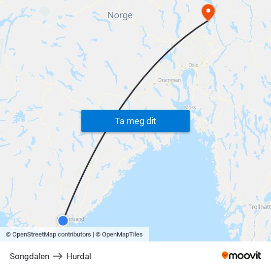 Songdalen to Hurdal map