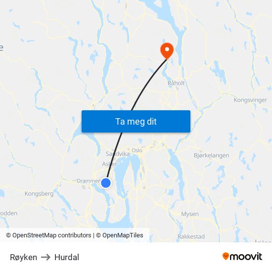 Røyken to Hurdal map