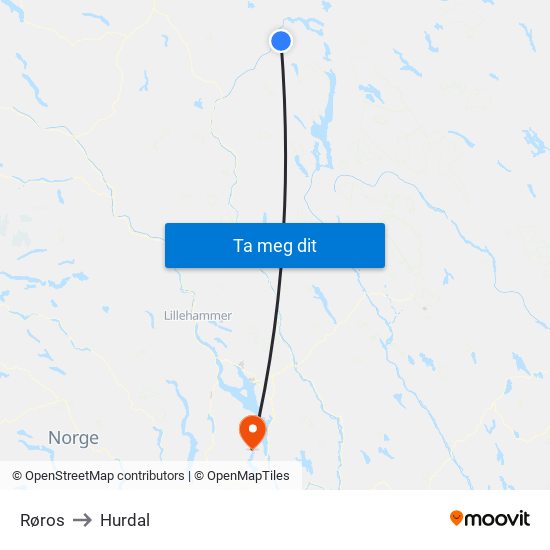 Røros to Hurdal map