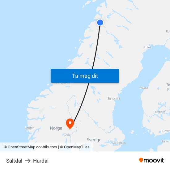 Saltdal to Hurdal map