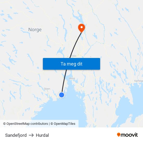 Sandefjord to Hurdal map