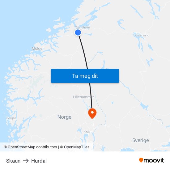 Skaun to Hurdal map