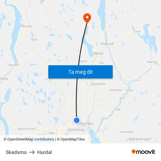 Skedsmo to Hurdal map