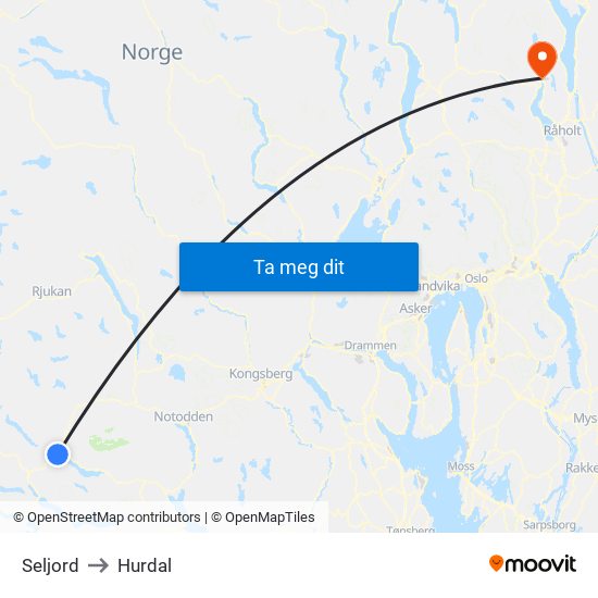 Seljord to Hurdal map