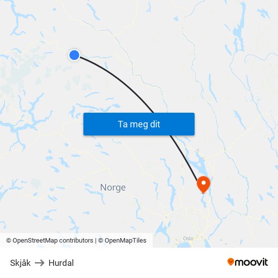 Skjåk to Hurdal map