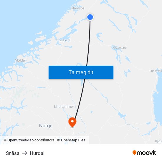 Snåsa to Hurdal map