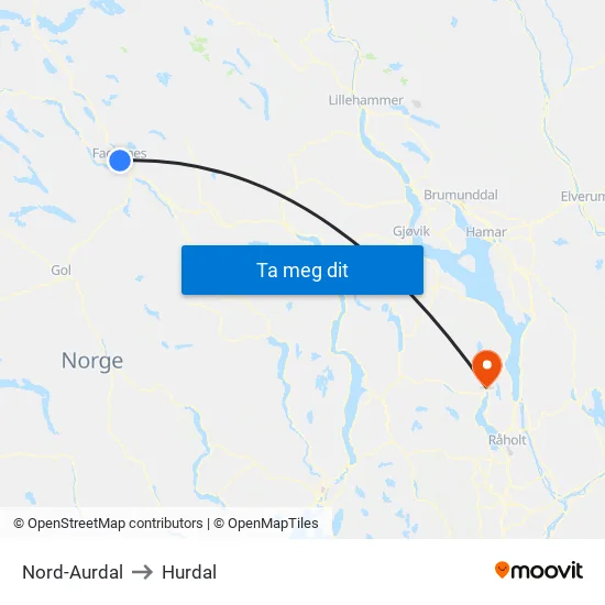 Nord-Aurdal to Hurdal map