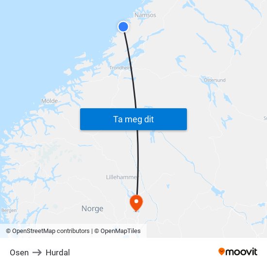 Osen to Hurdal map