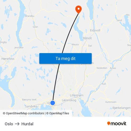 Oslo to Hurdal map