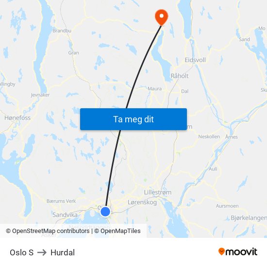 Oslo S to Hurdal map