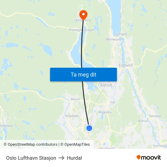 Oslo Lufthavn Stasjon to Hurdal map