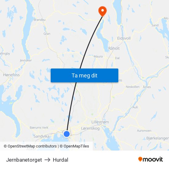 Jernbanetorget to Hurdal map