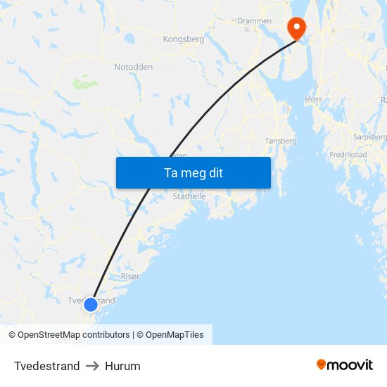 Tvedestrand to Hurum map