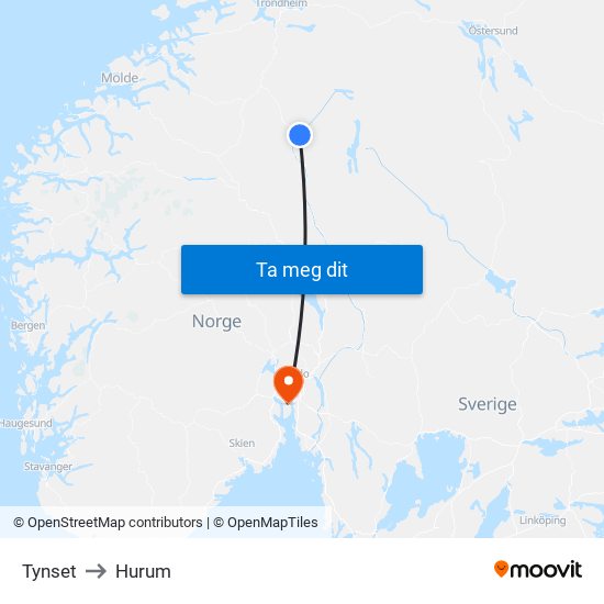 Tynset to Hurum map