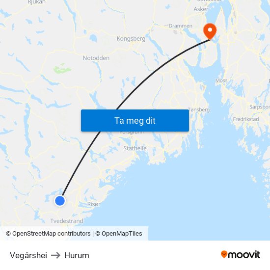 Vegårshei to Hurum map