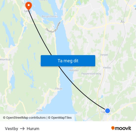 Vestby to Hurum map