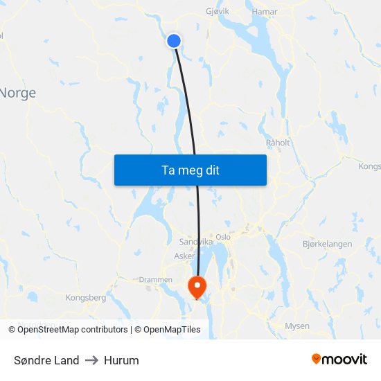 Søndre Land to Hurum map