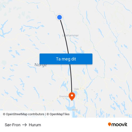 Sør-Fron to Hurum map