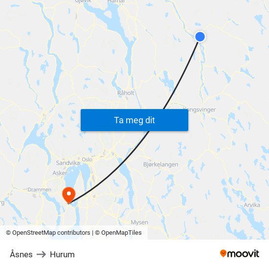 Åsnes to Hurum map