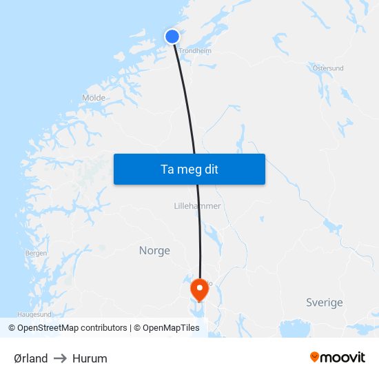 Ørland to Hurum map