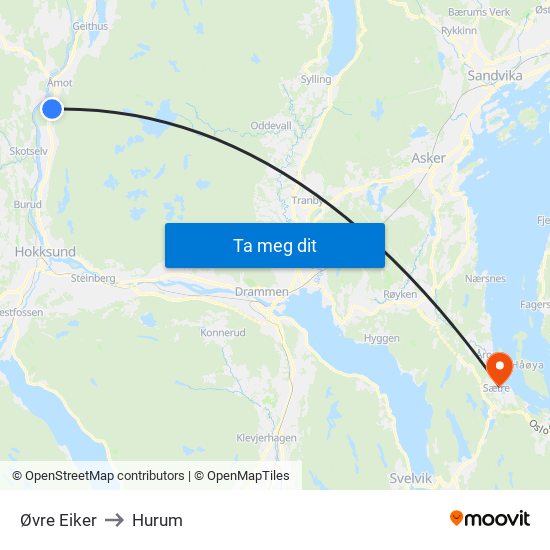 Øvre Eiker to Hurum map