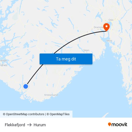 Flekkefjord to Hurum map