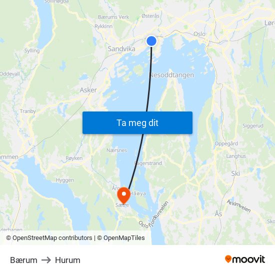 Bærum to Hurum map