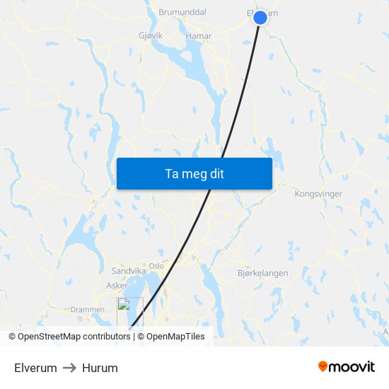 Elverum to Hurum map