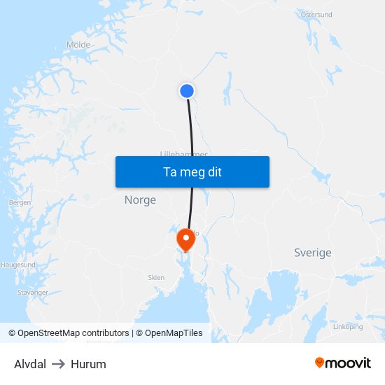 Alvdal to Hurum map