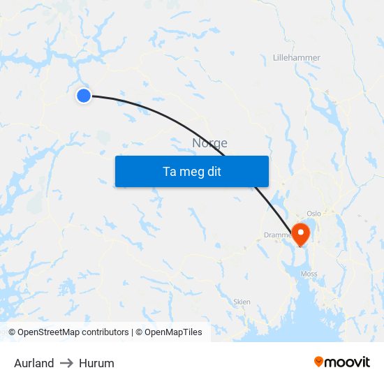 Aurland to Hurum map